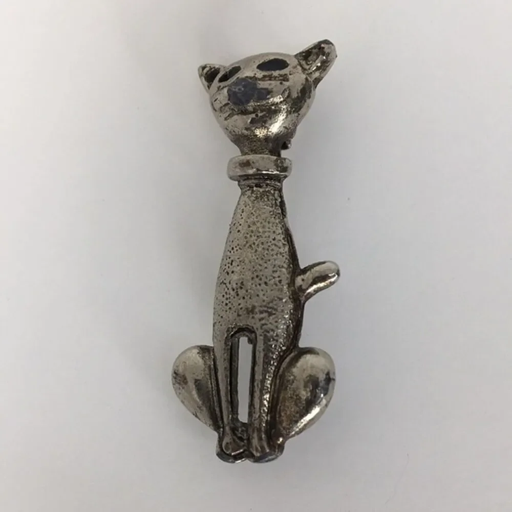 Vtg 1980's Cat Brooch Silver Tone Whimsical Grandmother Cottage Core‎ Pin
